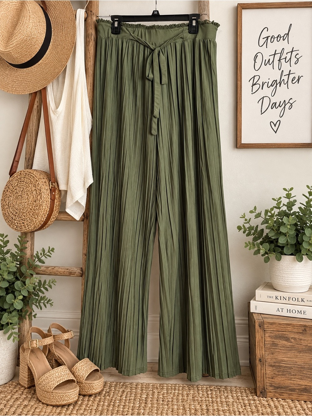 Soho Apparel Olive Wide-Leg Pleated Pants with Self-Tie Waist